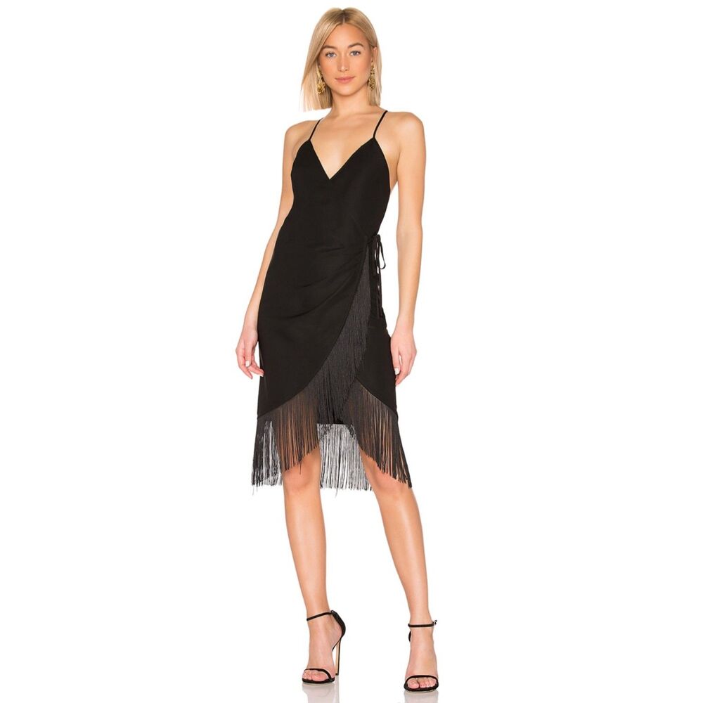 Michael Costello X REVOLVE NWT "Suri" Black Wrap Fringe Satin Mini Dress | Large